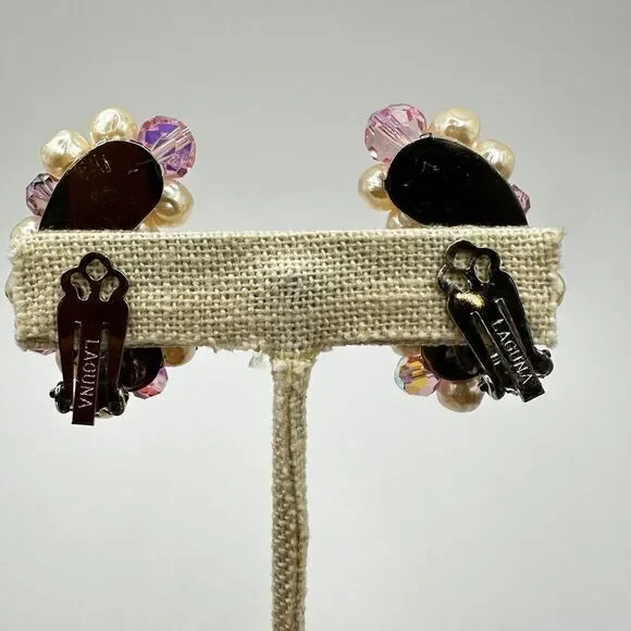 Vintage Laguna Pink Aurora Borealis crystal and Faux Pearl clip on earrings!